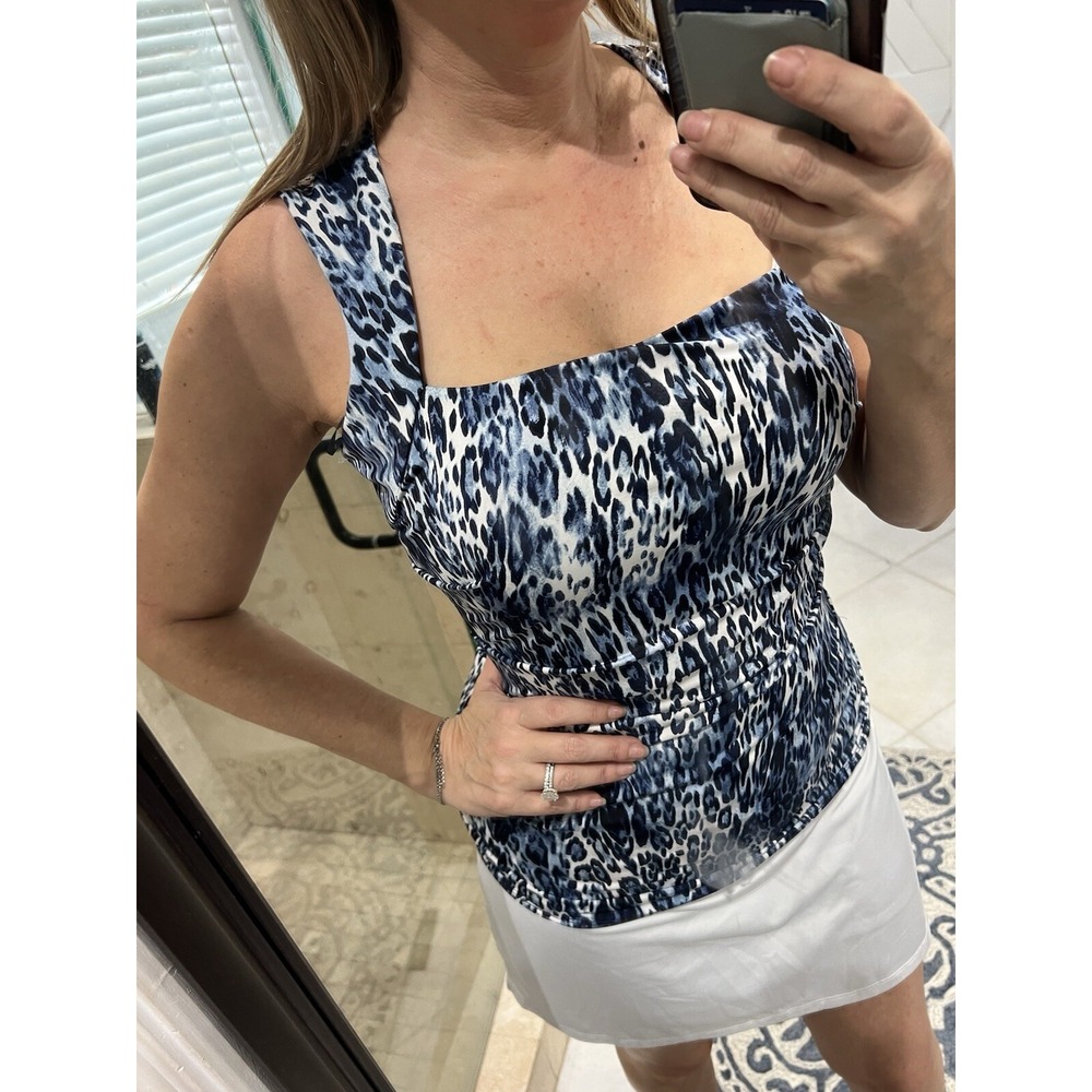 Cache Womens Blue Leopard Animal Print Satin Stretch Bustier Look Top Small